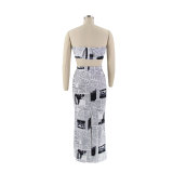 Newspaper Print Tube Tops And Skirt Two Piece Set HNIF-ZHZ001