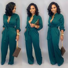 Plus SIze Solid Color Waist Belt Slim Jumpsuit LSD-86022