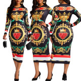 Sexy Fashion Print Long Sleeve Round Neck Midi Dress SMR-11855