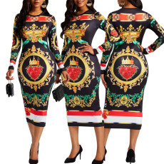 Sexy Fashion Print Long Sleeve Round Neck Midi Dress SMR-11855