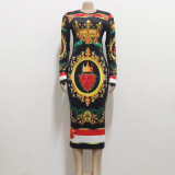 Sexy Fashion Print Long Sleeve Round Neck Midi Dress SMR-11855