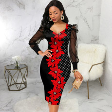 Sexy Fashion Print Long Sleeve Midi Dress SMR-11565