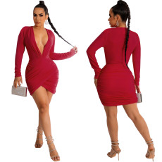 Sexy Fashion Solid Color V-Neck Dress SMR-11869