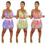 See-through Knitted Tassel Multicolor Beach Skirt Set YMEF-5155