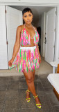 See-through Knitted Tassel Multicolor Beach Skirt Set YMEF-5155