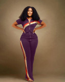 Plus Size Short Sleeve Patchwork Two Piece Pants Set WAF-77557