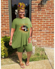 Plus Size Print Loose Tops And Shorts 2 Piece Set WAF-7416310
