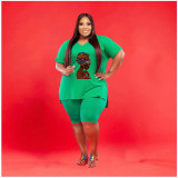 Plus Size Solid Print V Neck Two Piece Shorts Set WAF-7143225