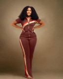 Plus Size Short Sleeve Patchwork Two Piece Pants Set WAF-77557