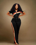 Plus Size Short Sleeve Patchwork Two Piece Pants Set WAF-77557