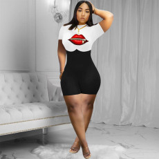 Plus Size Print Color Blocking Romper WAF-77558