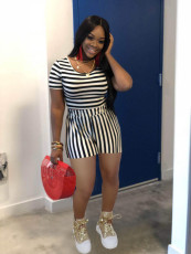 Plus Size Stripe Print Short Sleeve Shorts Two Piece Set WAF-77556