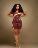 Plus Size Fashion Patchwork Sport Two Piece Short Set WAF-77543