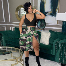 Camouflage Print Zipper Split Half Skirt SH-390495
