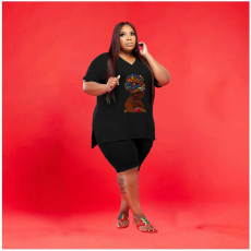 Plus Size Solid Print V Neck Two Piece Shorts Set WAF-7143225