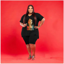 Plus Size V Neck Print Loose Two Piece Shorts Set WAF-7143226