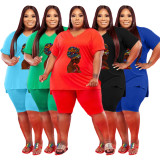 Plus Size Solid Print V Neck Two Piece Shorts Set WAF-7143225