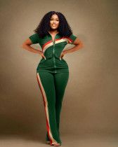 Plus Size Short Sleeve Patchwork Two Piece Pants Set WAF-77557