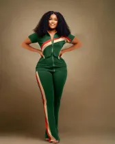 Plus Size Short Sleeve Patchwork Two Piece Pants Set WAF-77557