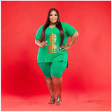Plus Size V Neck Print Loose Two Piece Shorts Set WAF-7143226