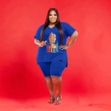 Plus Size V Neck Print Loose Two Piece Shorts Set WAF-7143226
