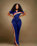 Plus Size Short Sleeve Patchwork Two Piece Pants Set WAF-77557