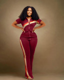 Plus Size Short Sleeve Patchwork Two Piece Pants Set WAF-77557