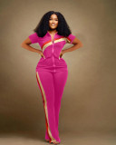 Plus Size Short Sleeve Patchwork Two Piece Pants Set WAF-77557