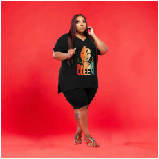 Plus Size V Neck Print Loose Two Piece Shorts Set WAF-7143226