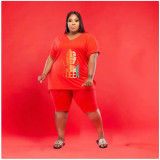 Plus Size V Neck Print Loose Two Piece Shorts Set WAF-7143226