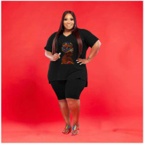 Plus Size Solid Print V Neck Two Piece Shorts Set WAF-7143225
