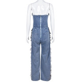 Wrap Chest Tassel Hole Denim Jumpsuit GFRT-7637