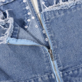 Wrap Chest Tassel Hole Denim Jumpsuit GFRT-7637
