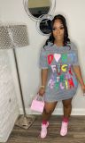 Plus Size Letter Print Short Sleeve Casual Dress FNN-8707