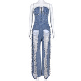 Wrap Chest Tassel Hole Denim Jumpsuit GFRT-7637
