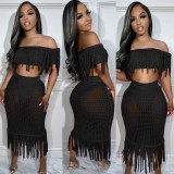 See Through Knit Tassel Two Piece Skirts Set NYF-8142