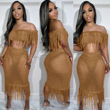See Through Knit Tassel Two Piece Skirts Set NYF-8142