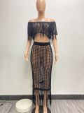 See Through Knit Tassel Two Piece Skirts Set NYF-8142