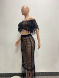 See Through Knit Tassel Two Piece Skirts Set NYF-8142