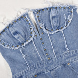 Wrap Chest Tassel Hole Denim Jumpsuit GFRT-7637