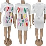 Plus Size Letter Print Short Sleeve Casual Dress FNN-8707