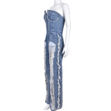 Wrap Chest Tassel Hole Denim Jumpsuit GFRT-7637