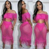 See Through Knit Tassel Two Piece Skirts Set NYF-8142