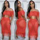 See Through Knit Tassel Two Piece Skirts Set NYF-8142