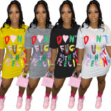Plus Size Letter Print Short Sleeve Casual Dress FNN-8707