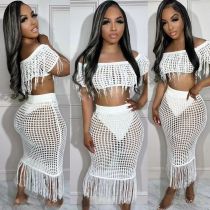 See Through Knit Tassel Two Piece Skirts Set NYF-8142