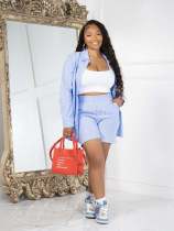 Stripe Print Long Shirt Shirt And Shorts 2 Piece Set HMS-5570