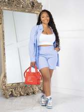 Stripe Print Long Shirt Shirt And Shorts 2 Piece Set HMS-5570