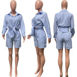 Stripe Print Long Shirt Shirt And Shorts 2 Piece Set HMS-5570