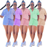 Stripe Print Short Sleeve Shirt And Shorts 2 Piece Set LUO-3750